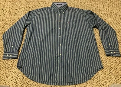 Camisa de Colección Tommy Hilfiger Bandera Logo Azul Verde Rayas Manga Larga Abotonada Grande Foto 1 de 4