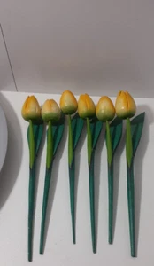 Wooden Spring Yellow Tulips 8'' Flower Handcrafted Table Decor Set Of 6 - Picture 1 of 7