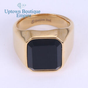 Men's Stainless Steel Black Square Onyx Gold Silver Band Ring Size 7-13 #E