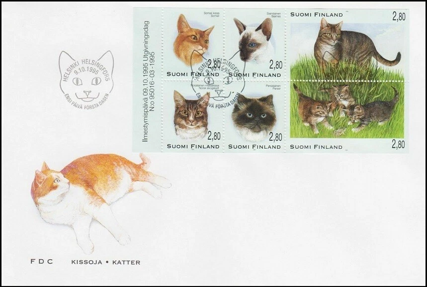 Cats Siamese Persian Somalian Norwegian Forest Cat Finland Mint FDC Sheet 1995 - Image 1 of 1