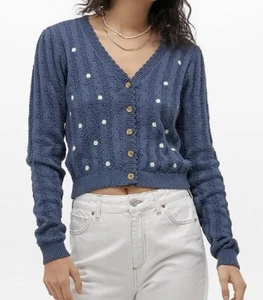 Urban Outfitters UO Blue Flower Daisy Embroidered Cardigan Cottagecore XS - Picture 1 of 10