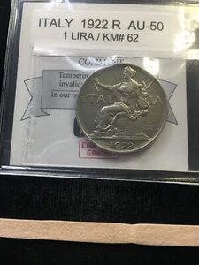 1922 R; Italy, 1 Lire, Coin Mart Graded **AU-50** KM# 62 - Picture 1 of 8