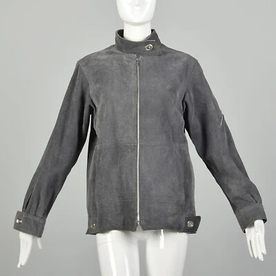 Chaqueta de gamuza gris mediana de los años 70 forro de invierno de piel sintética puños tensores de colección años 70 Foto 1 de 4