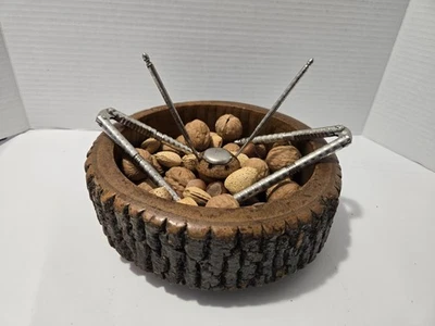 Vintage Rustic Ware Nut Bowl with 2~Cracker & 2~Picks Authentic Wood Bowl MCM - Image 1 of 4