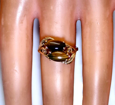 Precioso anillo doble ojo de tigre de oro amarillo de 10 quilates para dama, talla 6,75, 3,2 gramos Foto 1 de 4