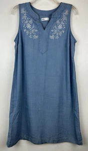 Chambray Dress Women S Floral Embroidered Blue Comfort Casual Capsule Minimalist - Picture 1 of 9