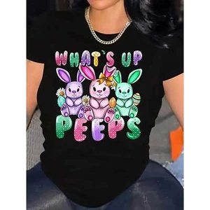 Round Neck Women's T-shirt, Easter Bunny Printed Casual Short Sleeved Shirt - Picture 1 of 12