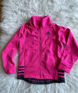 Adidas Girls Size 4T Hot Pink Black 3 Stripe Track Jacket Full Zip Athletic - Picture 1 of 7