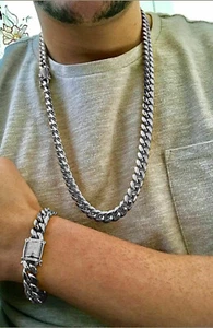 White Gold Stainless Steel Miami Cuban Link Bracelet Chain Set With CZ Clasp - Picture 1 of 14