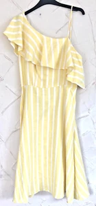 New Look Womens Yellow Striped Cotton A-Line Size 16 One Shoulder Zip - Picture 1 of 7