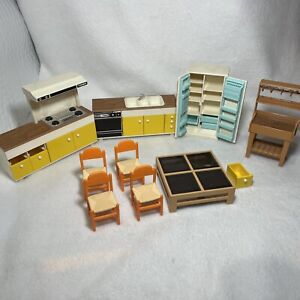 Vintage TOMY Smaller Home,Dollhouse Kitchen Cabinets Stove Table Chairs And More