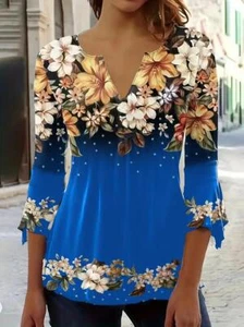 Fashion Women Floral Print V Neck T-Shirt Casual Flutter Sleeve Clothing Blue - Picture 1 of 4
