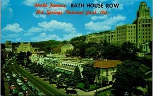 Vintage ARKANSAS AR Postcard Famous Bath House Row Hot Springs Street Cars - Picture 1 of 4