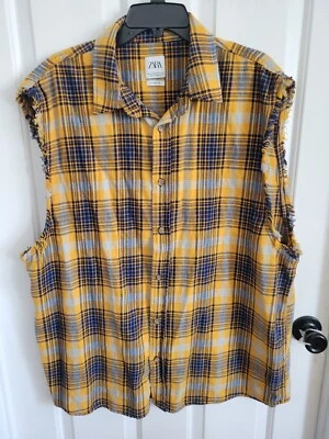 Zara Women's Yellow and Blue Plaid Relaxed Fit Sleeveless Button Down Shirt XL - Image 1 of 4