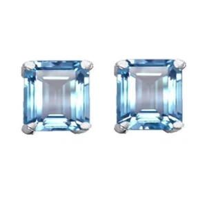 PRINCESS CUT AQUAMARINE STUD EARRINGS 14K SOLID WHITE GOLD 1.50 CARAT 5MM - Picture 1 of 1