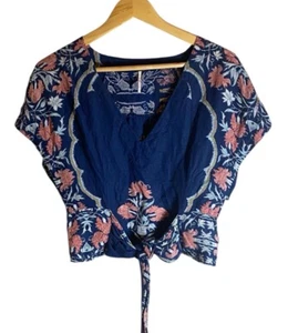 Free People  Arielle Linen Floral Tie Front Womens  Boho Blouse Top Size SP - Picture 1 of 7