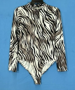 BLVD Negro/Gris/Blanco TIGRE Tejido Elástico Cuello Simulado Manga Larga BODY TOP Talla M - Imagen 1 de 5