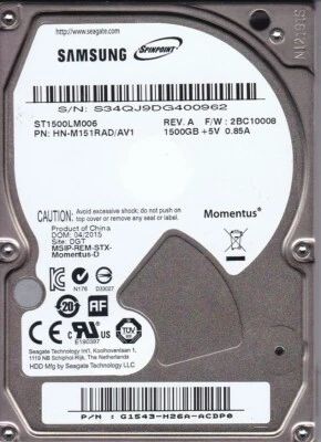 Samsung ST1500LM006 pn:HN-M151RAD/AV1 fw:2BC10008 sn:S34 DGT 2015 1.5TB  A24-17 - Image 1 of 2
