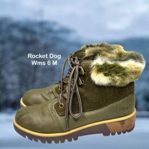 Rocket Dog Womens Green Faux Leather/Fur Lined Hight Top Hiking Boot Size 6 M - Picture 1 of 10