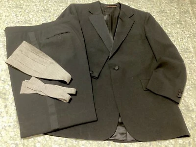 Vtg 80s Nordstrom Tuxedo Black Wool+Satin Sz 38, Pants 34x31”, with Accessories - Image 1 of 4