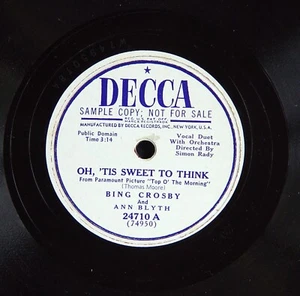 78 RPM 10": Decca 24710 Bing Crosby Oh Tis Sweet To Think / Donovans 1949 PROMO - Picture 1 of 4