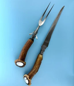 Antique Landers Frary Clark Sterling Silver Stag Handled CARVING SET 1890-1910 - Picture 1 of 9