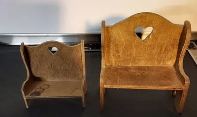 Vtg Miniature Doll House Furniture - Lot of 2 Wood Benches w/ Heart Cutout 1:12 - Image 1 of 4