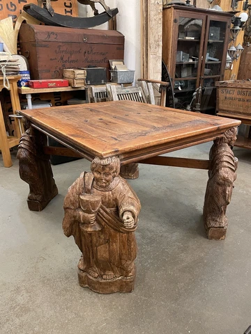 Spanish Colonial Style Reclaimed Wood Figural Saints Carved Leg Rough Hewn Table Cover