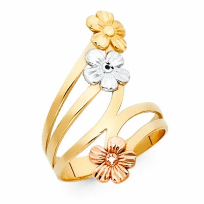 14k Real Solid Tricolor Gold 27 mm Flower Ring Anillo Flores Tres Oro Solido - Image 1 of 3