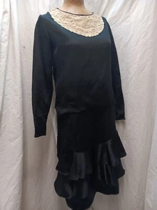 Vintage 1920's Black Satin Rayon White Eyelet Flapper Art Deco Dress Small - Picture 1 of 7