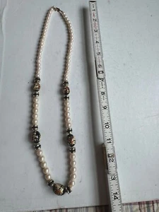 Vintage Japan Faux Pearl Bead Necklace Painted Cloisonné black Floral Flower - Picture 1 of 6