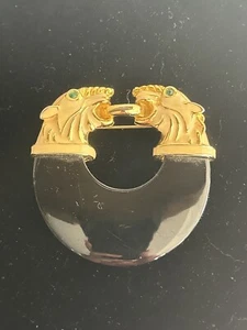 Spilla vintage doppio gatto leopardo tigre smalto nero lucite tono oro occhi verdi - Foto 1 di 18