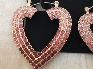GUESS HEART HOOP Earrings Ruby Red & Pink Ombre Pave’ Crystal Gold Tone NWT E6