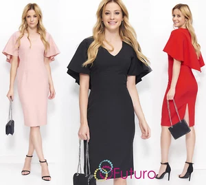 Damas Midi Elegante Vestido Ajustado Flounce Mangas Cortas Cuello en V Túnica FA589 - Imagen 1 de 13