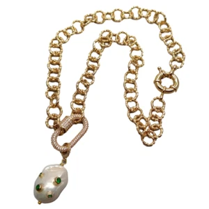 18" Cultured White Keshi Pearl Green Cz Pave Gold Plated Chain Necklace - Picture 1 of 8