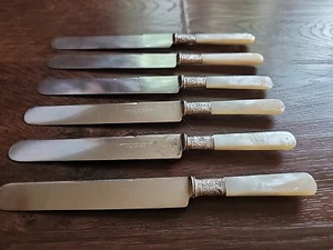6 Landers Frary & Clark Mother Of Pearl Sterling Banded Handle 9 1/8 In Knifes - Picture 1 of 2
