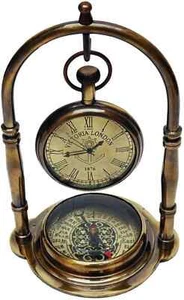 Maritime Brass Antique Desk Clock With Compass Home Decor Nautical Watch - Picture 1 of 6