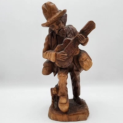 Estatuilla de madera tallada a mano perro viejo 12" banjo barbudo rústico cabaña primitiva Foto 1 de 4