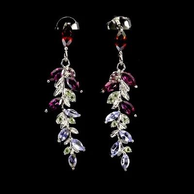 925 Sterling Silver Earrings Marquise Rhodolite Tanzanite Natural Gemstone Jewel - Image 1 of 4