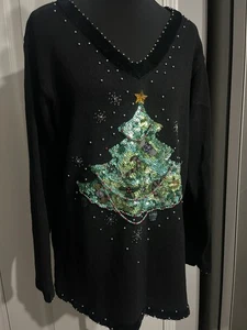 The Quaker Factory Sequin Beaded Pull Over Holiday Christmas Tree Sweater M - Picture 1 of 11