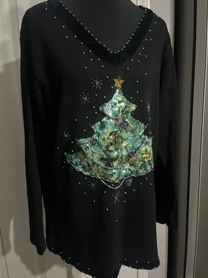 The Quaker Factory Sequin Beaded Pull Over Holiday Christmas Tree Sweater M - Image 1 of 4