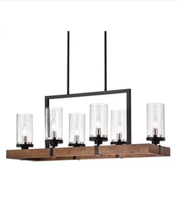 Sonoma 36 Zoll Linearer Kronleuchter mit 6 Lichtern Innen Schwarz und Eiche und Lichtset - Bild 1 von 3