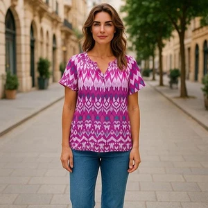 Top donna dana buchman XL rosa bianco geometrico 42x25 blusa scollo V corto slv - Foto 1 di 4