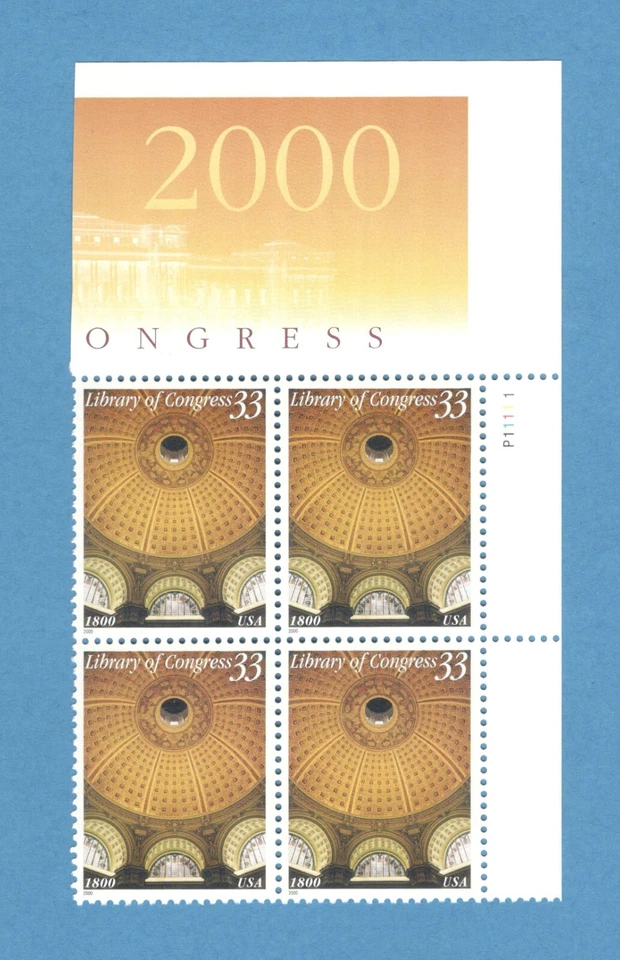 Sc # 3390 ~ Plate # Block  ~ 33¢ Library of Congress Issue - Image 1 of 1
