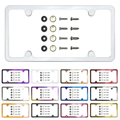 Car Truck License plate frame Stainless Steel with Metal screw caps 4 Hole Slim - Image 1 of 4