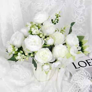 10 Heads White Peonies Artificial Flowers Faux Peony Bouquet for Wedding Party - Picture 1 of 6