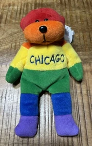 With Tags, Plushland Chicago Rainbow Pride 9” Teddy Bear Beanie Plushie Stuffie - Picture 1 of 7
