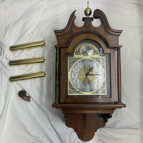 VTG Ridgeway Tempus Fugit Hand Made Maple Wood 35" Wall Clock w/ 3 Brass Weights Cover