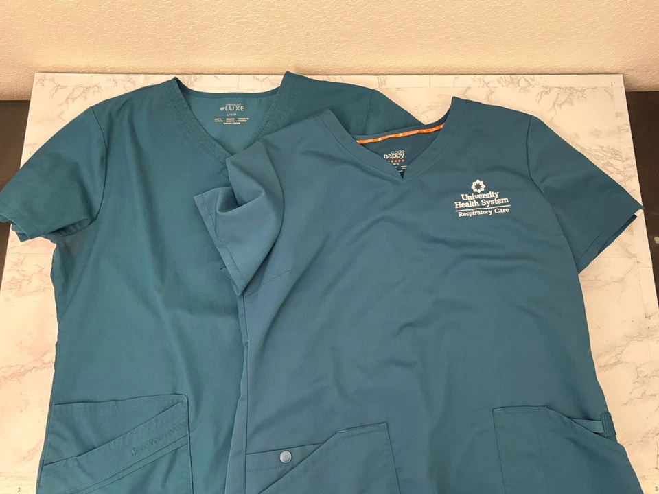 University Health System Respiratory Care Scrub Tops Womens L Teal Lot Of 2 - Image 1 of 4