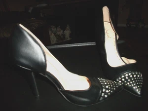 Size 7.5 Qupid black silver studded 4 inch manmade uppers padded shoes - Picture 1 of 4